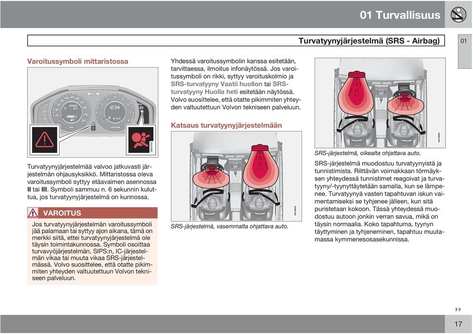 Volvo suosittelee, että otatte pikimmiten yhteyden valtuutettuun Volvon tekniseen palveluun. 0 1 o Katsaus turvatyynyjärjestelmään G018666 G021010 SRS-järjestelmä, oikealta ohjattava auto.