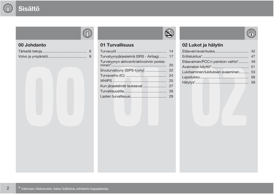 .. 20 Etäavaimen/PCC:n pariston vaihto*... 49 Avaimeton käyttö*... 51 Sivuturvatyyny (SIPS-tyyny)... 22 Lukitseminen/lukituksen avaaminen.