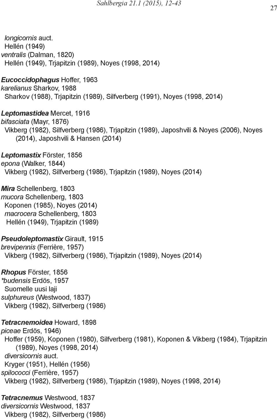 Leptomastidea Mercet, 1916 bifasciata (Mayr, 1876) Vikberg (1982), Silfverberg (1986), Trjapitzin (1989), Japoshvili & Noyes (2006), Noyes (2014), Japoshvili & Hansen (2014) Leptomastix Förster, 1856