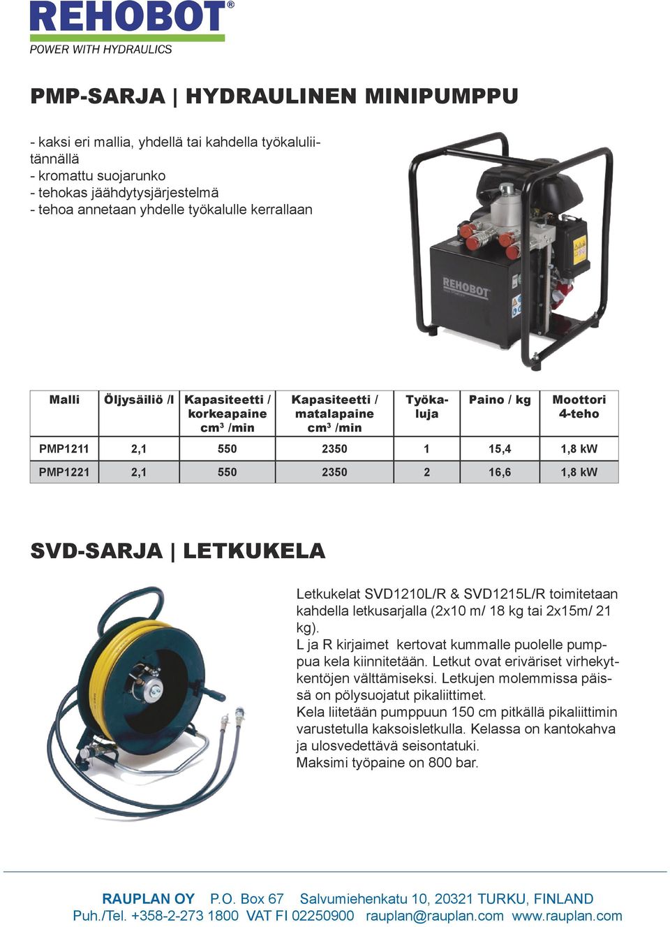 SVD-SARJA LETKUKELA Letkukelat SVD1210L/R & SVD1215L/R toimitetaan kahdella letkusarjalla (2x10 m/ 18 kg tai 2x15m/ 21 kg). L ja R kirjaimet kertovat kummalle puolelle pumppua kela kiinnitetään.