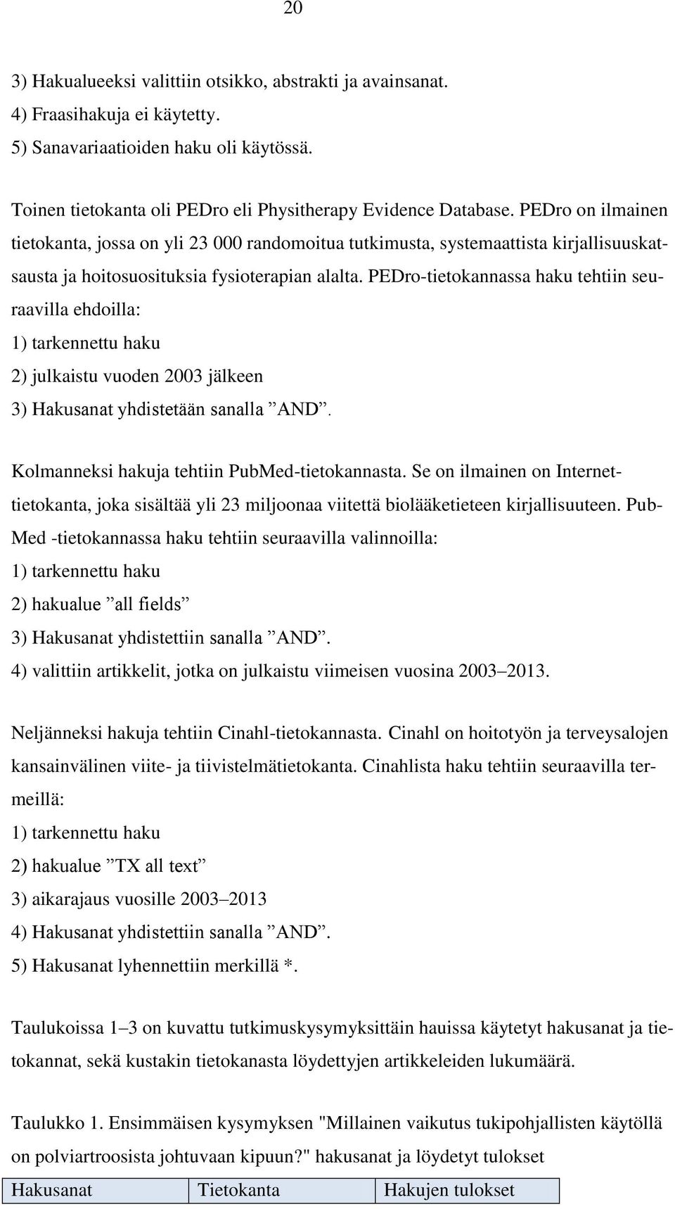 PEDro-tietokannassa haku tehtiin seuraavilla ehdoilla: 1) tarkennettu haku 2) julkaistu vuoden 2003 jälkeen 3) Hakusanat yhdistetään sanalla AND. Kolmanneksi hakuja tehtiin PubMed-tietokannasta.