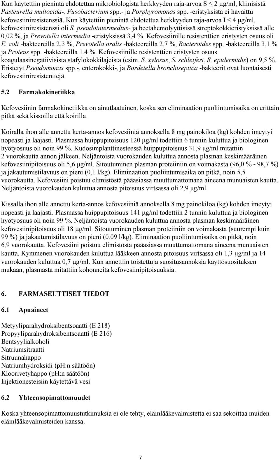 pseudointermedius- ja beetahemolyyttisissä streptokokkieristyksissä alle 0,02 %, ja Prevotella intermedia -eristyksissä 3,4 %. Kefovesiinille resistenttien eristysten osuus oli E.