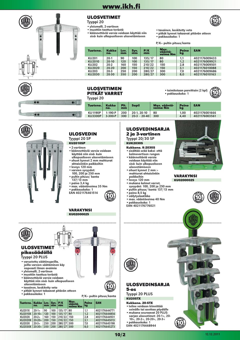 4021176010088 KU203 20-3 250 200 280/27 300 7,0 4021176009686 KU2030 20-30 350 200 280/27 300 8,0 4021176010163 ULOSVETIMEN PITKÄT VARRET Tyyppi 20 toimitetaan pareittain (2 kpl) Pit.