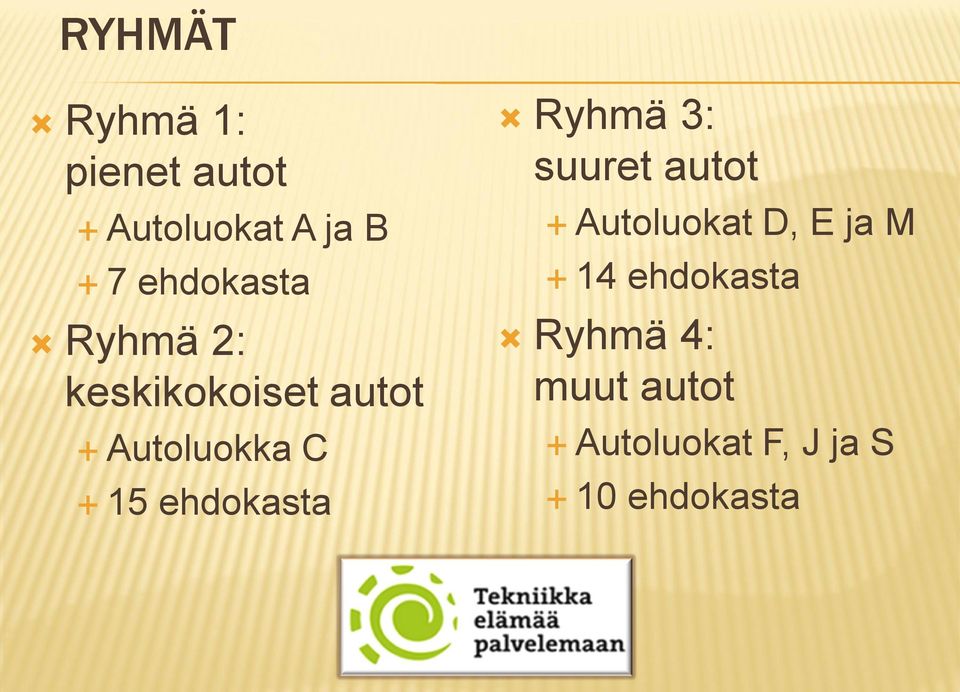 ehdokasta Ryhmä 3: suuret autot Autoluokat D, E ja M 14