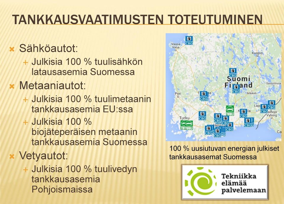 % biojäteperäisen metaanin tankkausasemia Suomessa Vetyautot: Julkisia 100 %