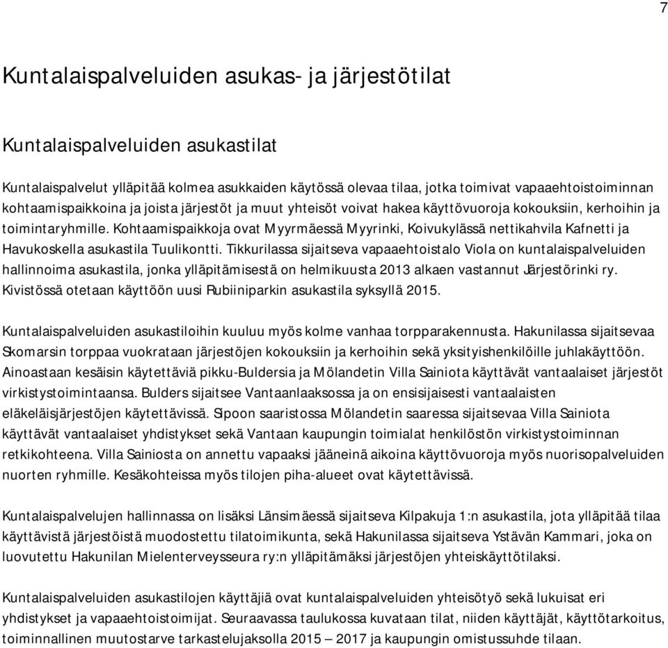 Kohtaamispaikkoja ovat Myyrmäessä Myyrinki, Koivukylässä nettikahvila Kafnetti ja Havukoskella asukas Tuulikontti.
