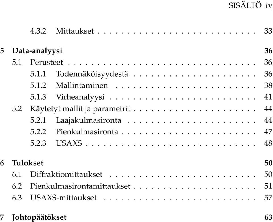 ...................... 47 5.2.3 USAXS............................. 48 6 Tulokset 50 6.1 Diffraktiomittaukset......................... 50 6.2 Pienkulmasirontamittaukset.