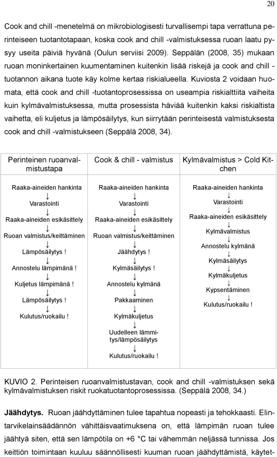 Kuviosta 2 voidaan huomata, että cook and chill -tuotantoprosessissa on useampia riskialttiita vaiheita kuin kylmävalmistuksessa, mutta prosessista häviää kuitenkin kaksi riskialtista vaihetta, eli