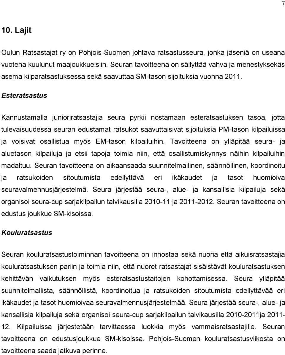 Esteratsastus Kannustamalla junioriratsastajia seura pyrkii nostamaan esteratsastuksen tasoa, jotta tulevaisuudessa seuran edustamat ratsukot saavuttaisivat sijoituksia PM-tason kilpailuissa ja