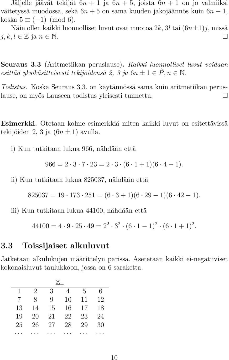 Kaikki luonnolliset luvut voidaan esittää yksikäsitteisesti tekijöidensä 2, 3 ja 6n ± 1 ˆP, n N. Todistus. Koska Seuraus 3.3. on käytännössä sama kuin aritmetiikan peruslause, on myös Lauseen todistus yleisesti tunnettu.