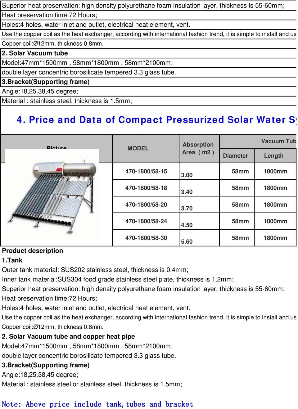 Solar Vacuum tube Model:47mm*1500mm, *, *2100mm; double layer concentric borosilicate tempered 3.3 glass tube. 3.Bracket(Supporting frame) Angle:18,25.