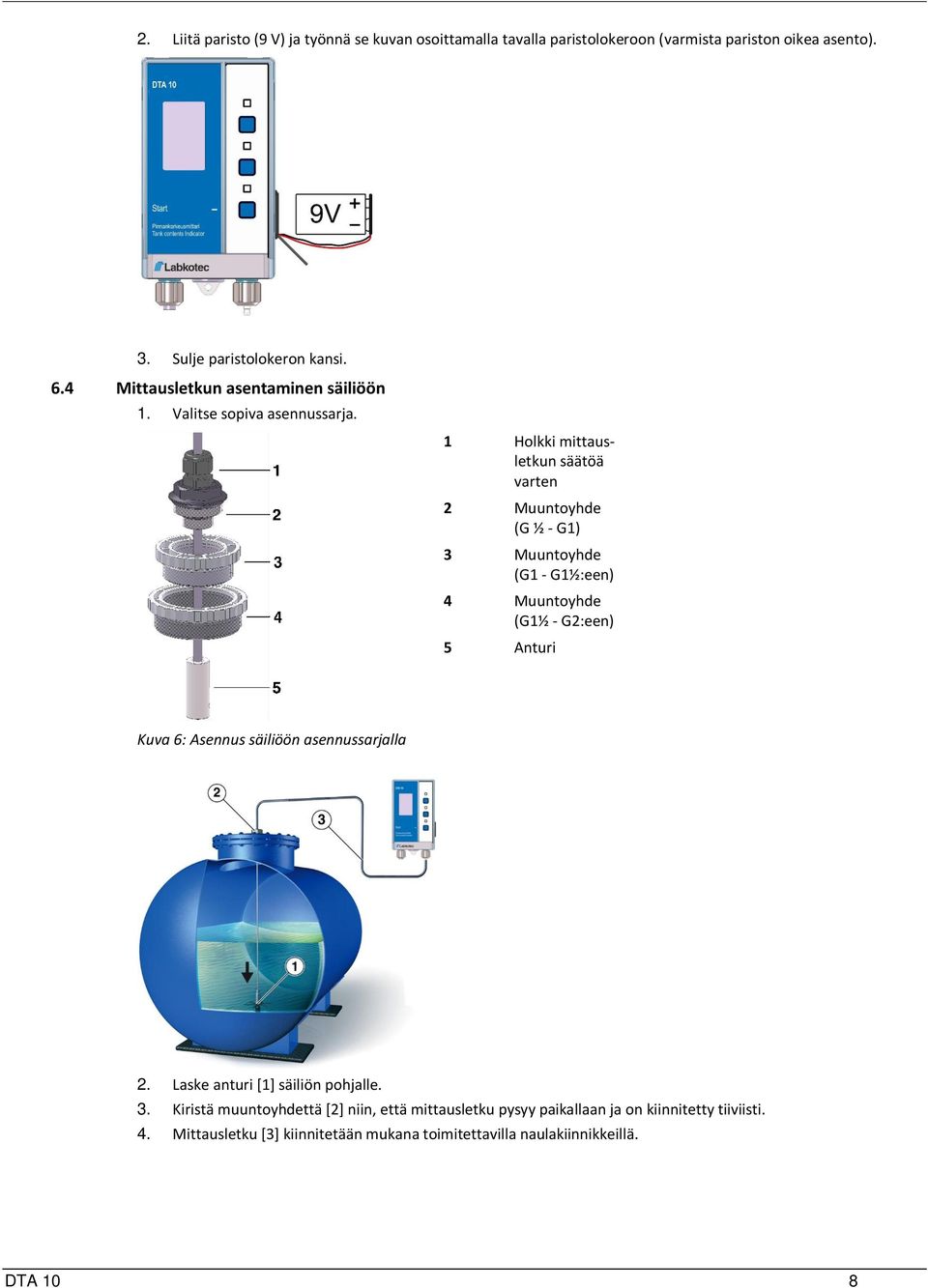 1 Holkki mittausletkun säätöä varten 2 Muuntoyhde (G ½ - G1) 3 Muuntoyhde (G1 - G1½:een) 4 Muuntoyhde (G1½ - G2:een) 5 Anturi Kuva 6: Asennus säiliöön