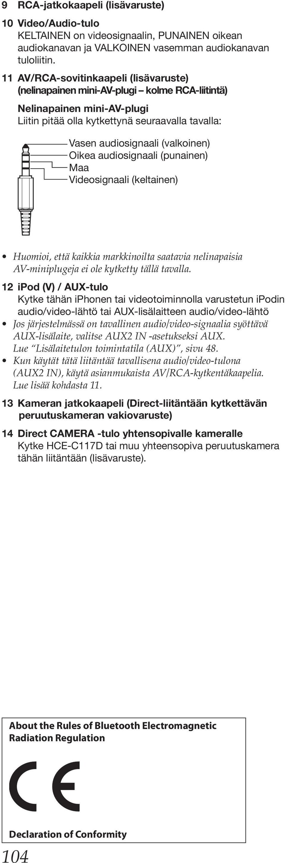 audiosignaali (punainen) Maa Videosignaali 12 ipod (V) / AUX-tulo Kytke tähän iphonen tai videotoiminnolla varustetun ipodin audio/video-lähtö tai AUX-lisälaitteen audio/video-lähtö 13 Kameran