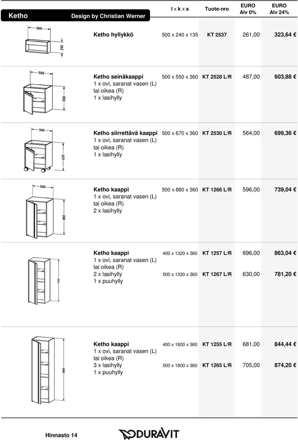 oikea (R) 2 x lasihylly Ketho kaappi 400 x 1320 x 360 KT 1257 L/R 696,00 863,04 tai oikea (R) 2 x lasihylly 500 x 1320 x 360 KT 1267 L/R 630,00