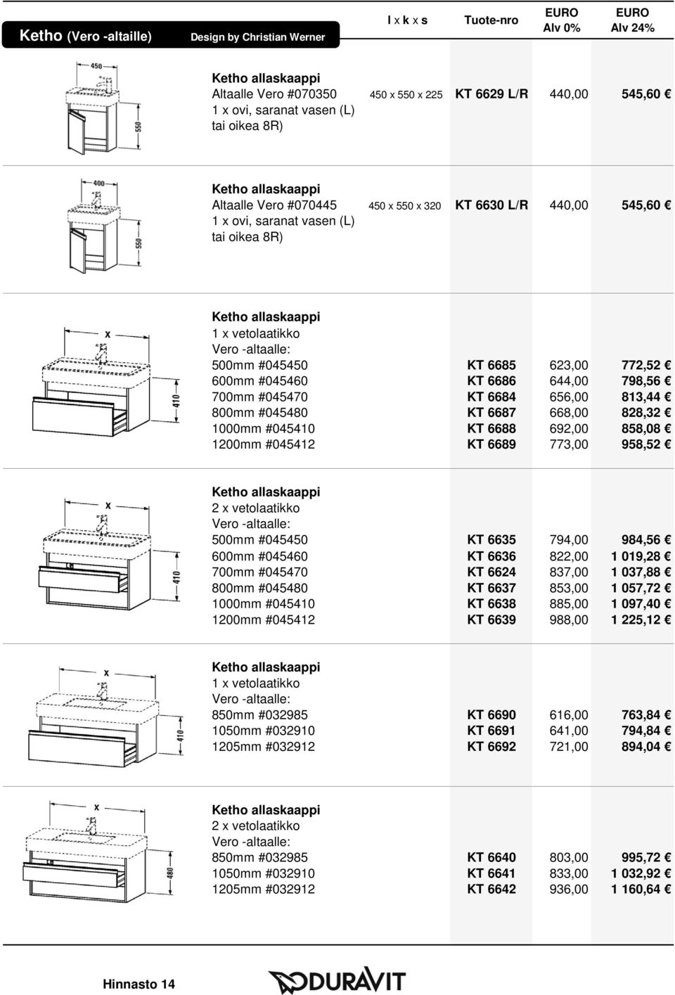 773,00 958,52 Vero -altaalle: 500mm #045450 KT 6635 794,00 984,56 600mm #045460 KT 6636 822,00 1 019,28 700mm #045470 KT 6624 837,00 1 037,88 800mm #045480 KT 6637 853,00 1 057,72 1000mm #045410 KT