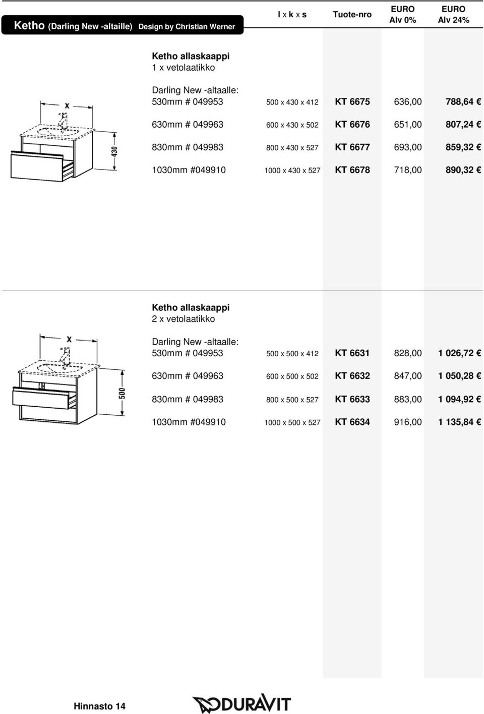 718,00 890,32 Darling New -altaalle: 530mm # 049953 500 x 500 x 412 KT 6631 828,00 1 026,72 630mm # 049963 600 x 500 x 502 KT