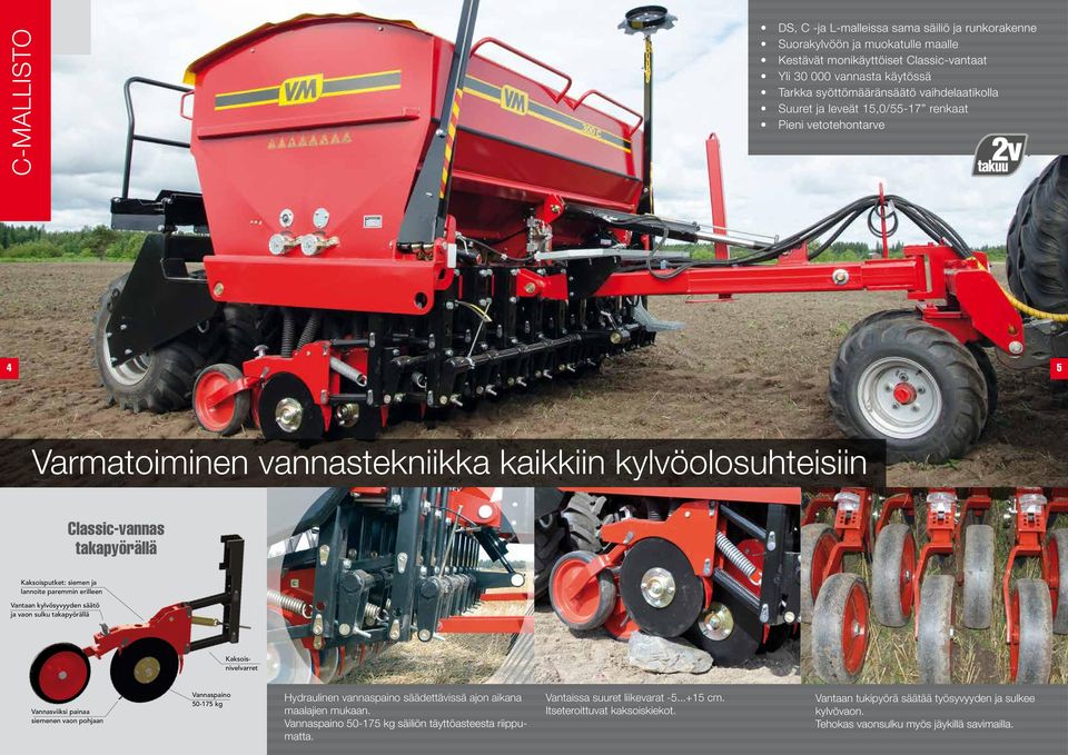 Vantaan kylvösyvyyden säätö ja vaon sulku takapyörällä Kaksoisnivelvarret siemenen vaon pohjaan 50-175 kg Hydraulinen vannaspaino säädettävissä ajon aikana maalajien mukaan.