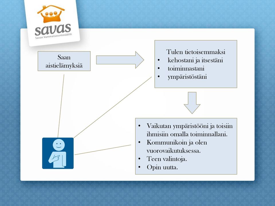 ympäristööni ja toisiin ihmisiin omalla toiminnallani.