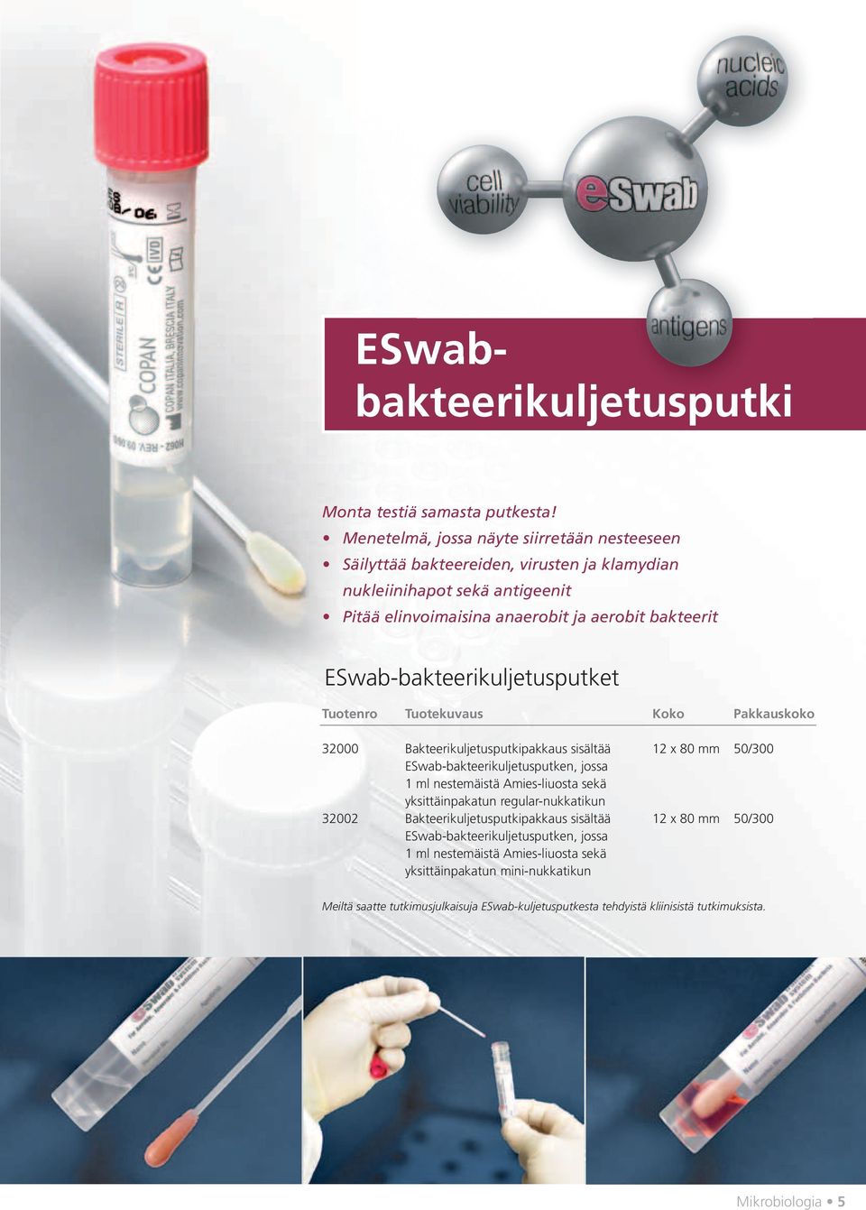 ESwab-bakteerikuljetusputket Tuotenro Tuotekuvaus Koko Pakkauskoko 32000 Bakteerikuljetusputkipakkaus sisältää 12 x 80 mm 50/300 ESwab-bakteerikuljetusputken, jossa 1 ml nestemäistä