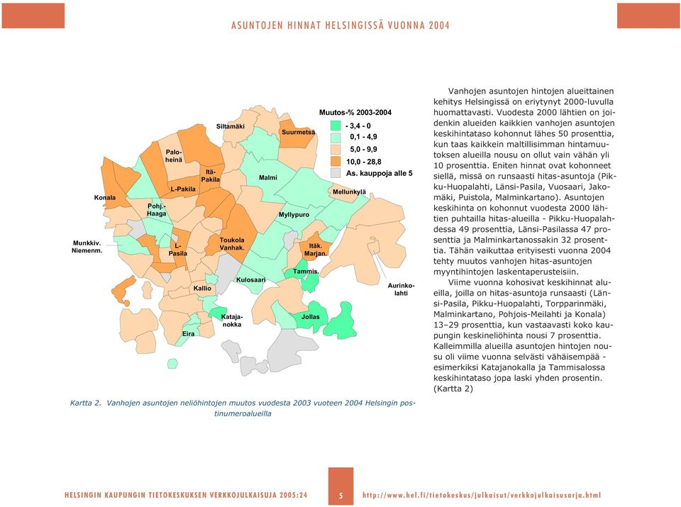 yli 10 prosenttia. Eniten hinnat ovat kohonneet siellä, missä on runsaasti hitas-asuntoja (Pikku-Huopalahti, Länsi-Pasila, Vuosaari, Jakomäki, Puistola, Malminkartano).