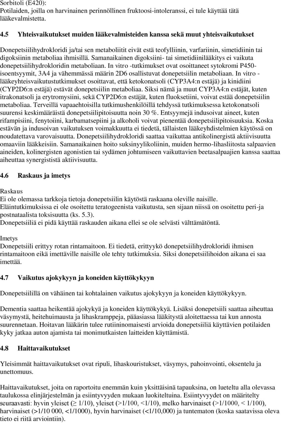 metaboliaa ihmisillä. Samanaikainen digoksiini- tai simetidiinilääkitys ei vaikuta donepetsiilihydrokloridin metaboliaan.