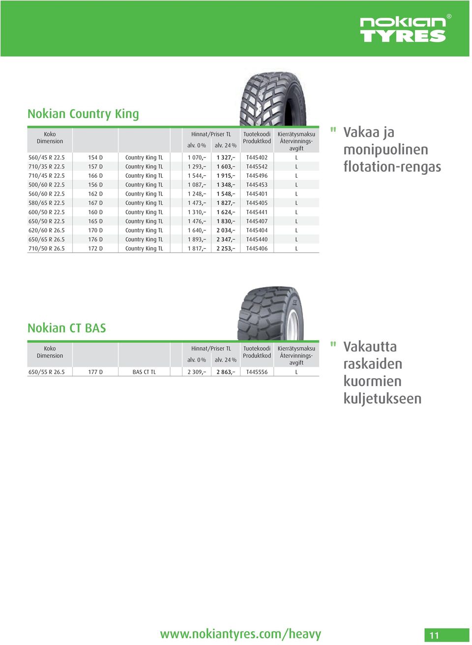 5 167 D Country King TL 1 473, 1 827, T445405 L 600/50 R 22.5 160 D Country King TL 1 310, 1 624, T445441 L 650/50 R 22.5 165 D Country King TL 1 476, 1 830, T445407 L 620/60 R 26.