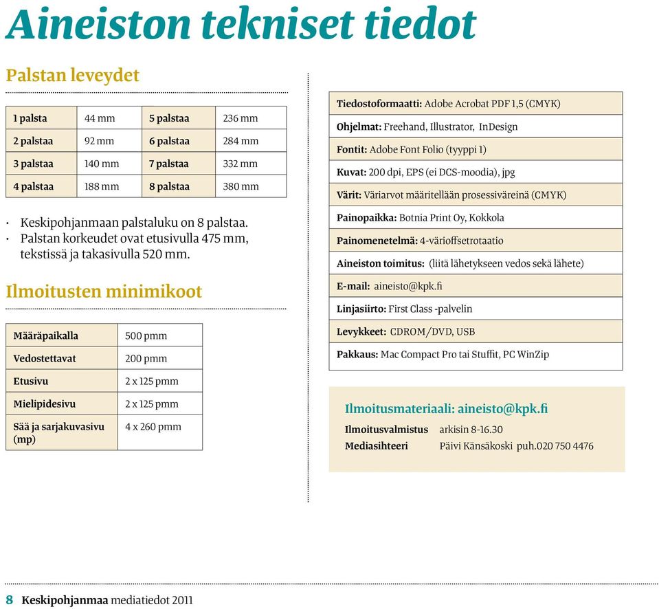 (CMYK) Keskipohjanmaan palstaluku on 8 palstaa. Palstan korkeudet ovat etusivulla 475 mm, tekstissä ja takasivulla 520 mm.