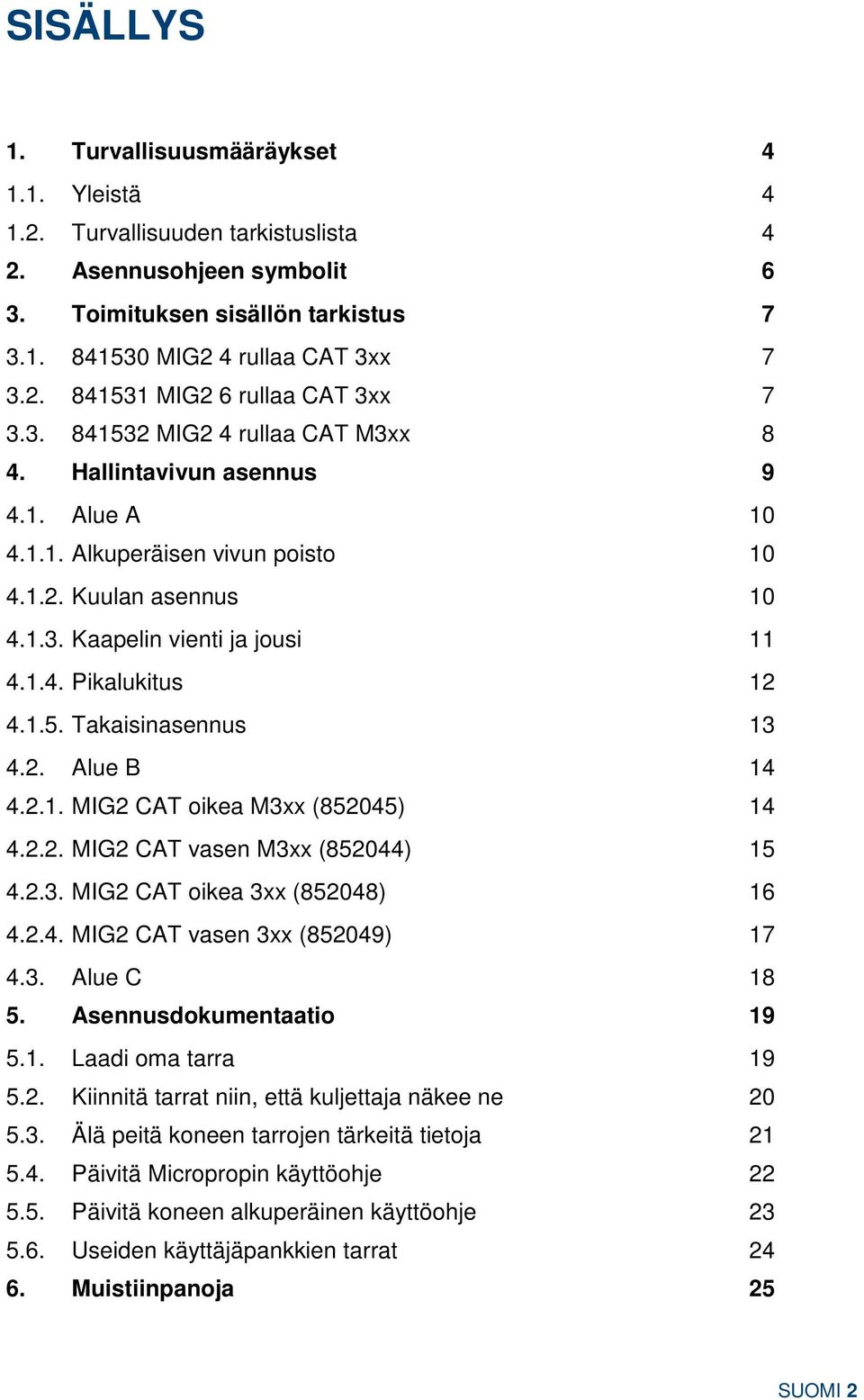 2. Alue B 14 4.2.1. MIG2 CAT oikea M3xx (852045) 14 4.2.2. MIG2 CAT vasen M3xx (852044) 15 4.2.3. MIG2 CAT oikea 3xx (852048) 16 4.2.4. MIG2 CAT vasen 3xx (852049) 17 4.3. Alue C 18 5.