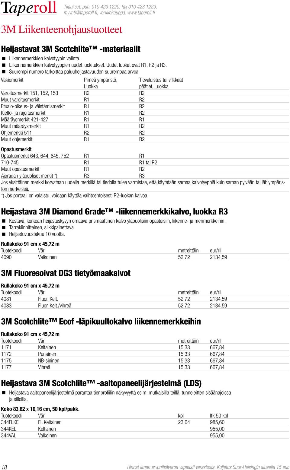 Vakiomerkit Pimeä ympäristö, Tievalaistus tai vilkkaat Luokka päätiet, Luokka Varoitusmerkit 151, 152, 153 R2 R2 Muut varoitusmerkit R1 R2 Etuajo-oikeus- ja väistämismerkit R1 R2 Kielto- ja