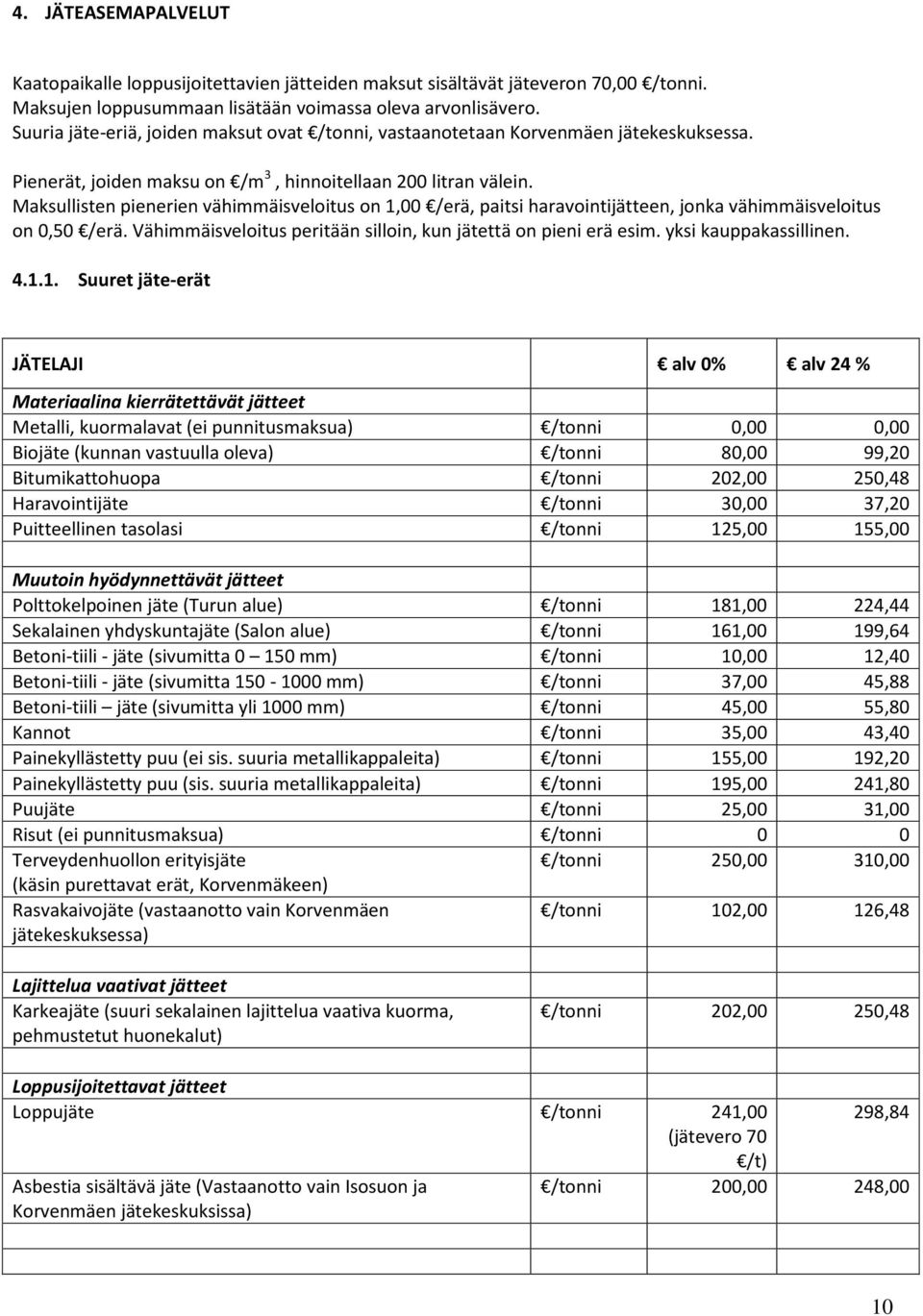 Maksullisten pienerien vähimmäisveloitus on 1,00 /erä, paitsi haravointijätteen, jonka vähimmäisveloitus on 0,50 /erä. Vähimmäisveloitus peritään silloin, kun jätettä on pieni erä esim.