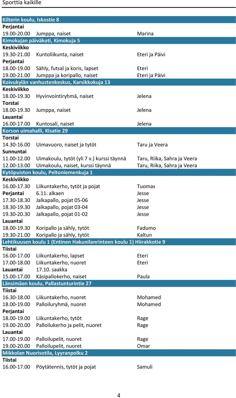 00 Kuntosali, naiset Jelena Korson uimahalli, Kisatie 29 14.30-16.00 Uimavuoro, naiset ja tytöt Taru ja Veera Sunnuntai 11.00-12.00 Uimakoulu, tytöt (yli 7 v.