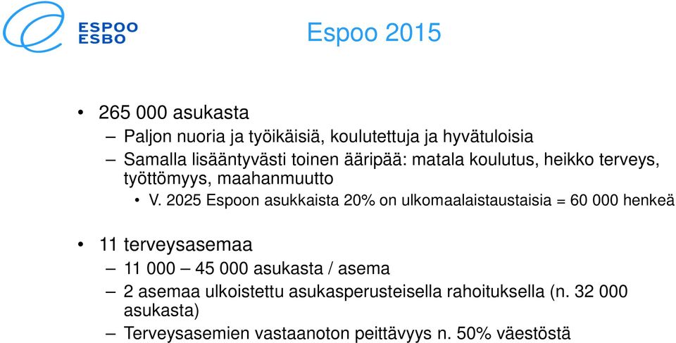 2025 Espoon asukkaista 20% on ulkomaalaistaustaisia = 60 000 henkeä 11 terveysasemaa 11 000 45 000 asukasta
