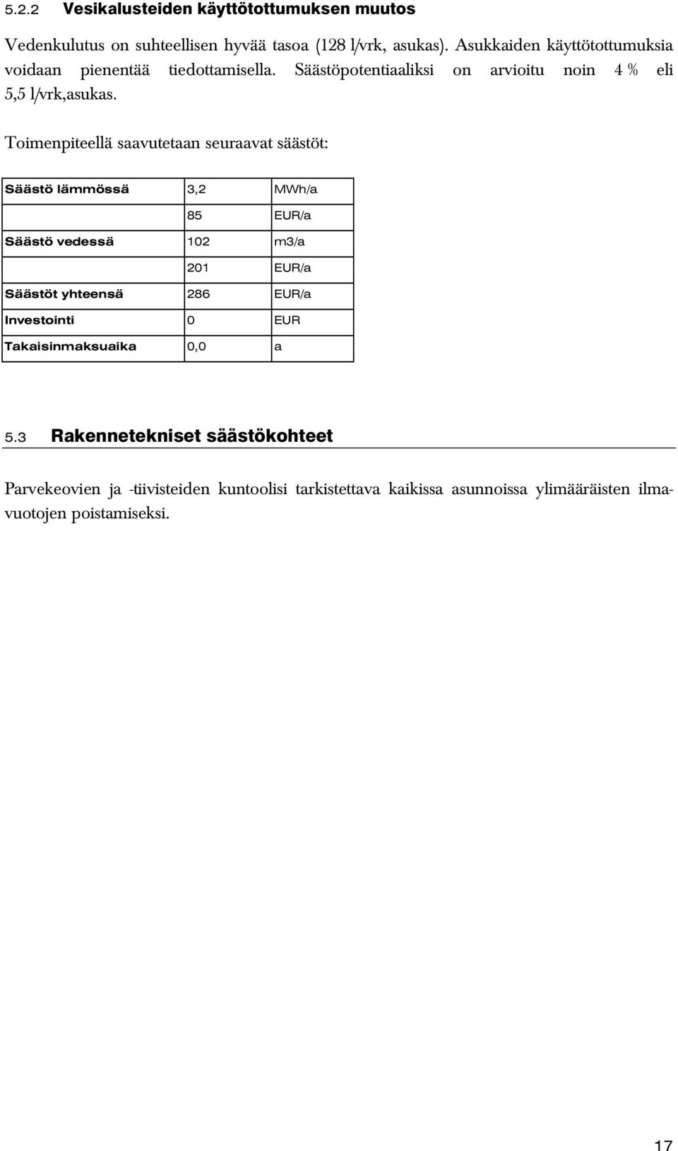 Toimenpiteellä saavutetaan seuraavat säästöt: Säästö lämmössä 3,2 MWh/a 85 EUR/a Säästö vedessä 102 m3/a 201 EUR/a Säästöt yhteensä 286 EUR/a