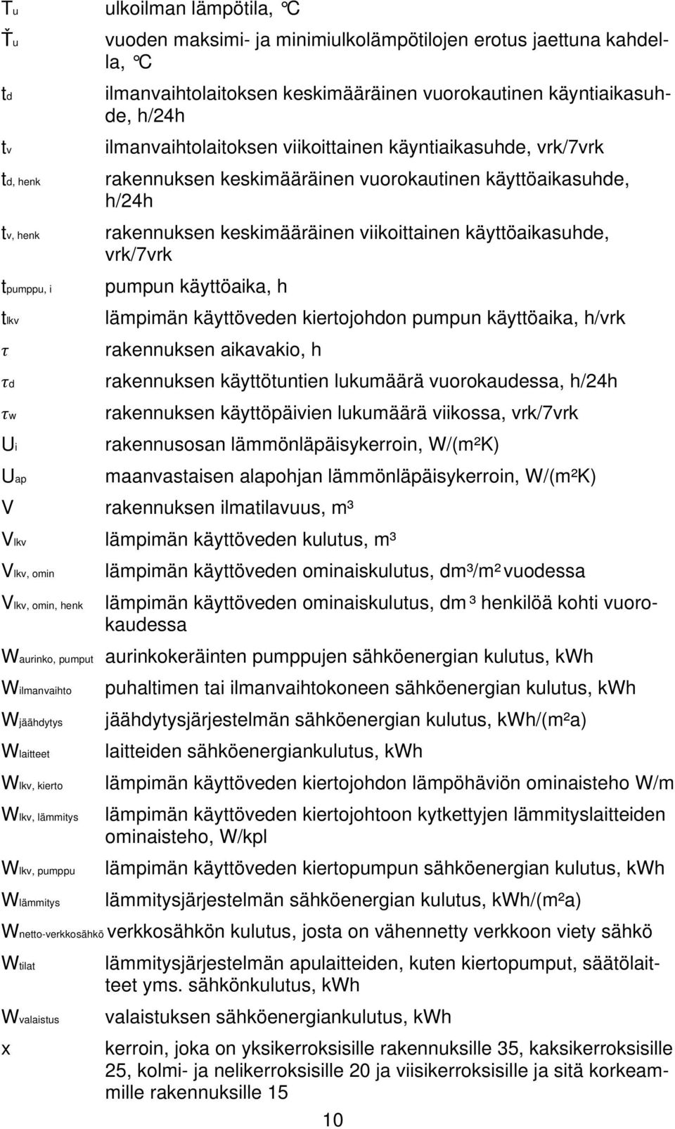 viikoittainen käyttöaikasuhde, vrk/7vrk pumpun käyttöaika, h lämpimän käyttöveden kiertojohdon pumpun käyttöaika, h/vrk rakennuksen aikavakio, h rakennuksen käyttötuntien lukumäärä vuorokaudessa,