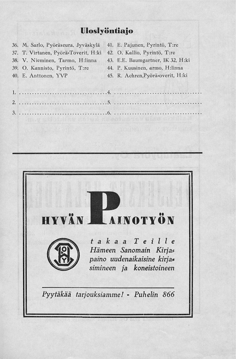 Kannisto, Pyrintö, T:re 44. P. Kuusinen, armo, H:linna 40. E. Anttonen, YVP 45. R.