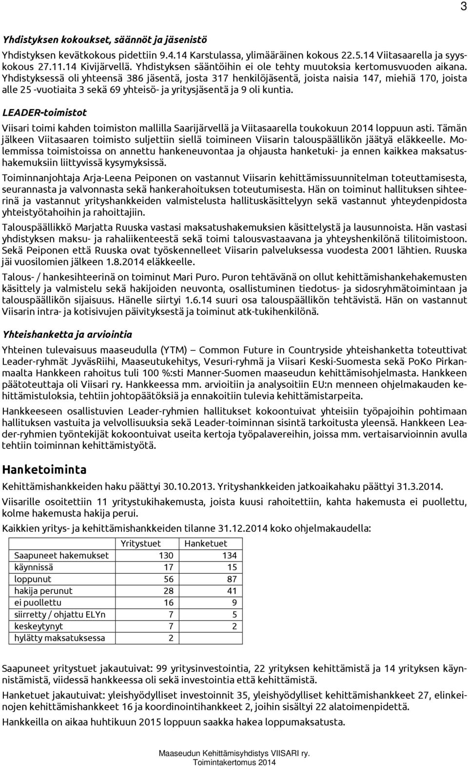 Yhdistyksessä oli yhteensä 386 jäsentä, josta 317 henkilöjäsentä, joista naisia 147, miehiä 170, joista alle 25 -vuotiaita 3 sekä 69 yhteisö- ja yritysjäsentä ja 9 oli kuntia.
