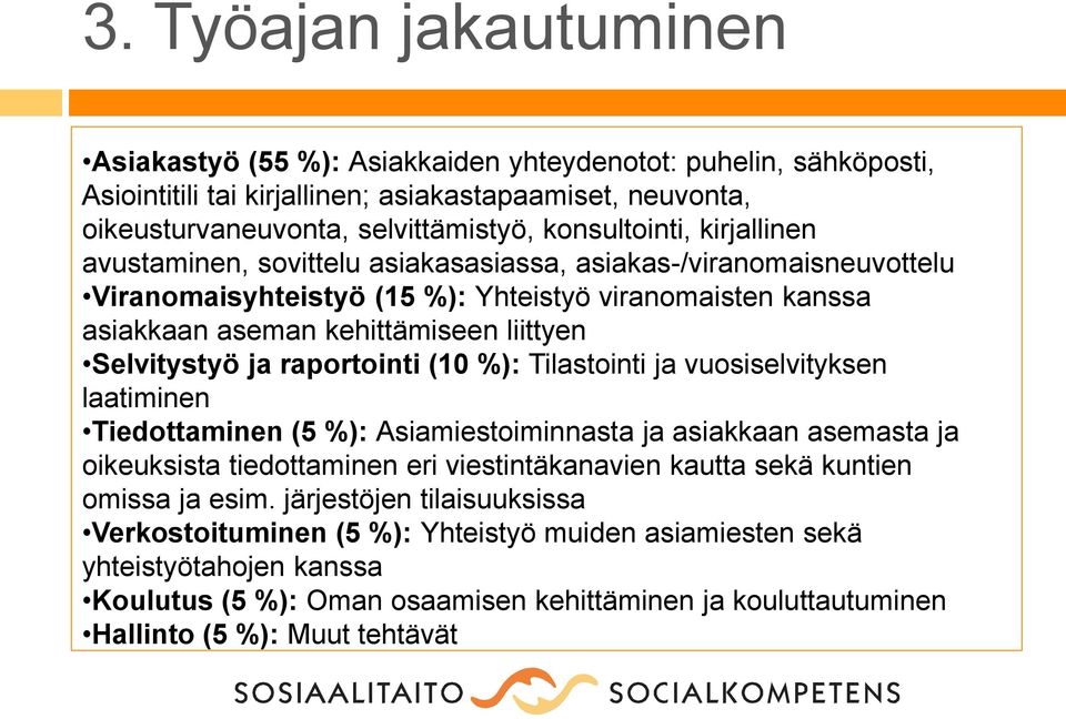 raportointi (10 %): Tilastointi ja vuosiselvityksen laatiminen Tiedottaminen (5 %): Asiamiestoiminnasta ja asiakkaan asemasta ja oikeuksista tiedottaminen eri viestintäkanavien kautta sekä kuntien