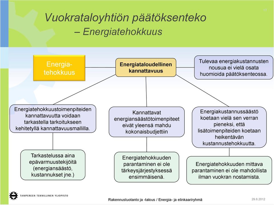 Tarkastelussa aina epävarmuustekijöitä (energiansäästö, kustannukset jne.