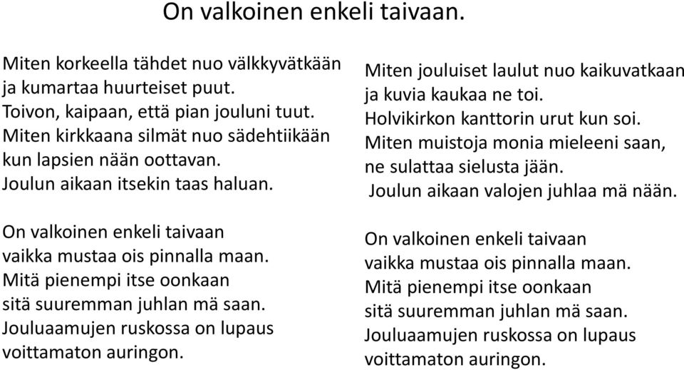 Mitä pienempi itse oonkaan sitä suuremman juhlan mä saan. Jouluaamujen ruskossa on lupaus voittamaton auringon. Miten jouluiset laulut nuo kaikuvatkaan ja kuvia kaukaa ne toi.