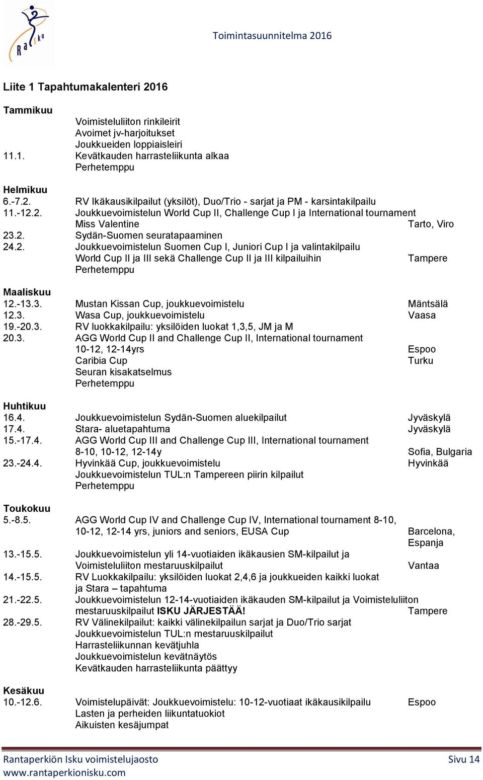 -13.3. Mustan Kissan Cup, joukkuevoimistelu Mäntsälä 12.3. Wasa Cup, joukkuevoimistelu Vaasa 19.-20.3. RV luokkakilpailu: yksilöiden luokat 1,3,5, JM ja M 20.3. AGG World Cup II and Challenge Cup II, International tournament 10-12, 12-14yrs Espoo Caribia Cup Turku Seuran kisakatselmus Huhtikuu 16.