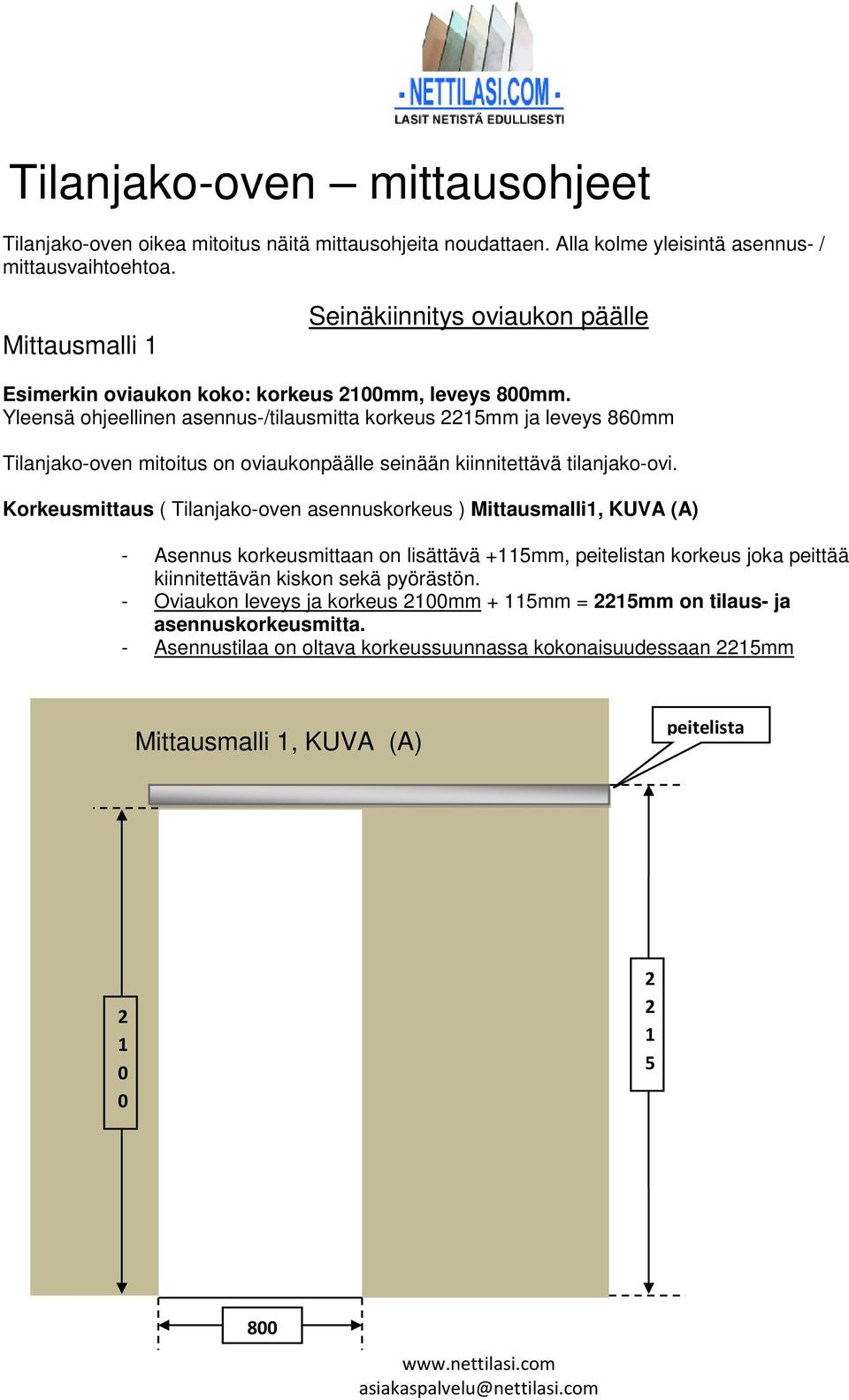 Yleensä ohjeellinen asennus-/tilausmitta korkeus mm ja leveys 86mm Tilanjako-oven mitoitus on oviaukonpäälle seinään kiinnitettävä tilanjako-ovi.