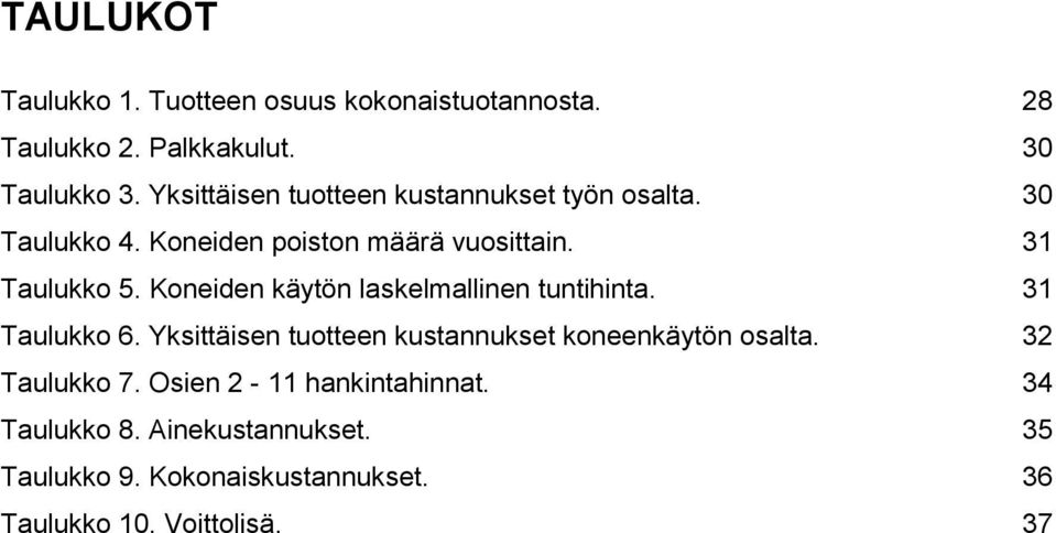 Koneiden käytön laskelmallinen tuntihinta. 31 Taulukko 6. Yksittäisen tuotteen kustannukset koneenkäytön osalta.
