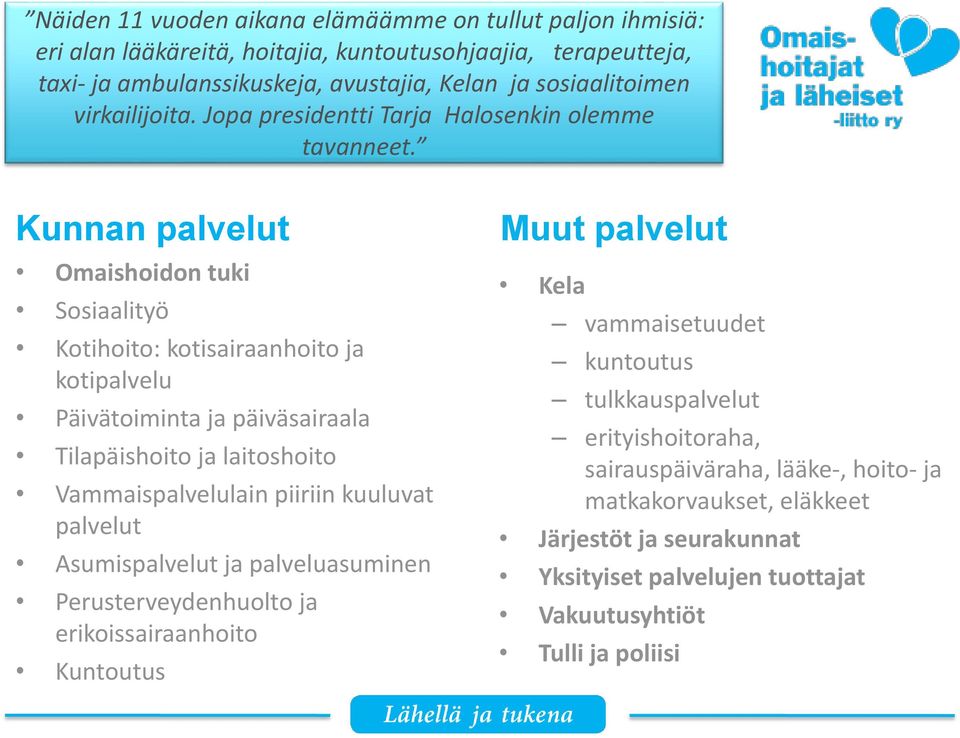 Kunnan palvelut Omaishoidon tuki Sosiaalityö Kotihoito: kotisairaanhoito ja kotipalvelu Päivätoiminta ja päiväsairaala Tilapäishoito ja laitoshoito Vammaispalvelulain piiriin kuuluvat