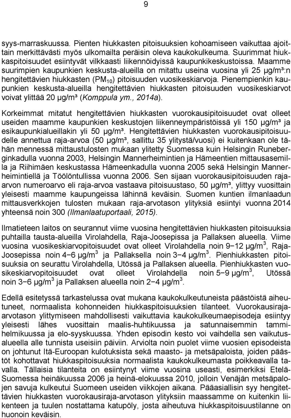 Maamme suurimpien kaupunkien keskusta-alueilla on mitattu useina vuosina yli 25 µg/m³:n hengitettävien hiukkasten (PM 1 ) pitoisuuden vuosikeskiarvoja.