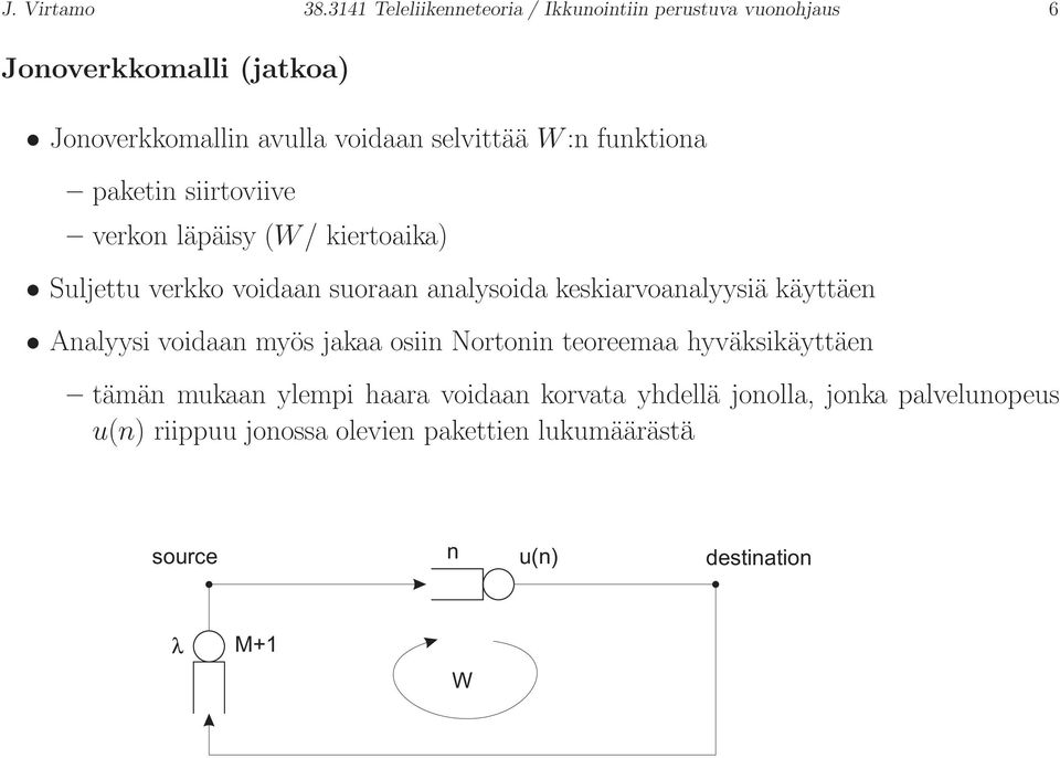 W :n funktiona paketin siirtoviive verkon läpäisy (W / kiertoaika) Suljettu verkko voidaan suoraan analysoida keskiarvoanalyysiä