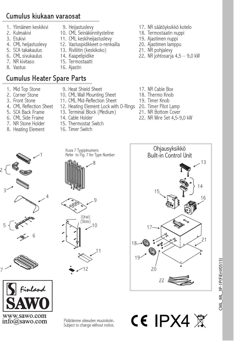 CML Wall Mounting Sheet 11. CML Mid-Reflection Sheet 12. Heating Element Lock with O-Rings 13. Terminal Block (Medium) 14. Cable Holder 15. Thermostat Switch 16. Timer Switch 17. 18. 19. 20. 21. 22.