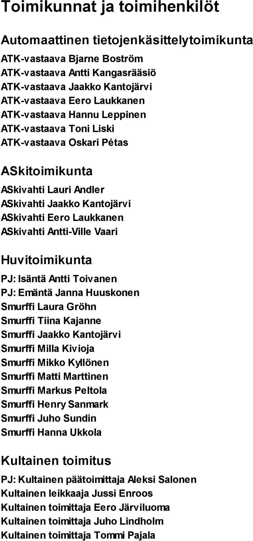 Huvitoimikunta PJ: Isäntä Antti Toivanen PJ: Emäntä Janna Huuskonen Smurffi Laura Gröhn Smurffi Tiina Kajanne Smurffi Jaakko Kantojärvi Smurffi Milla Kivioja Smurffi Mikko Kyllönen Smurffi Matti