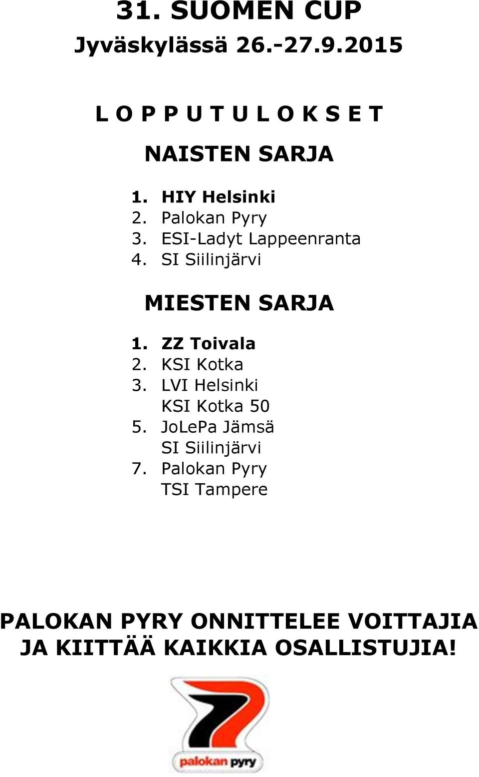HIY Helsinki ESI-Ladyt Lappeenranta SI Siilinjärvi MIESTEN SARJA 1. 2. 3. 5. 7.