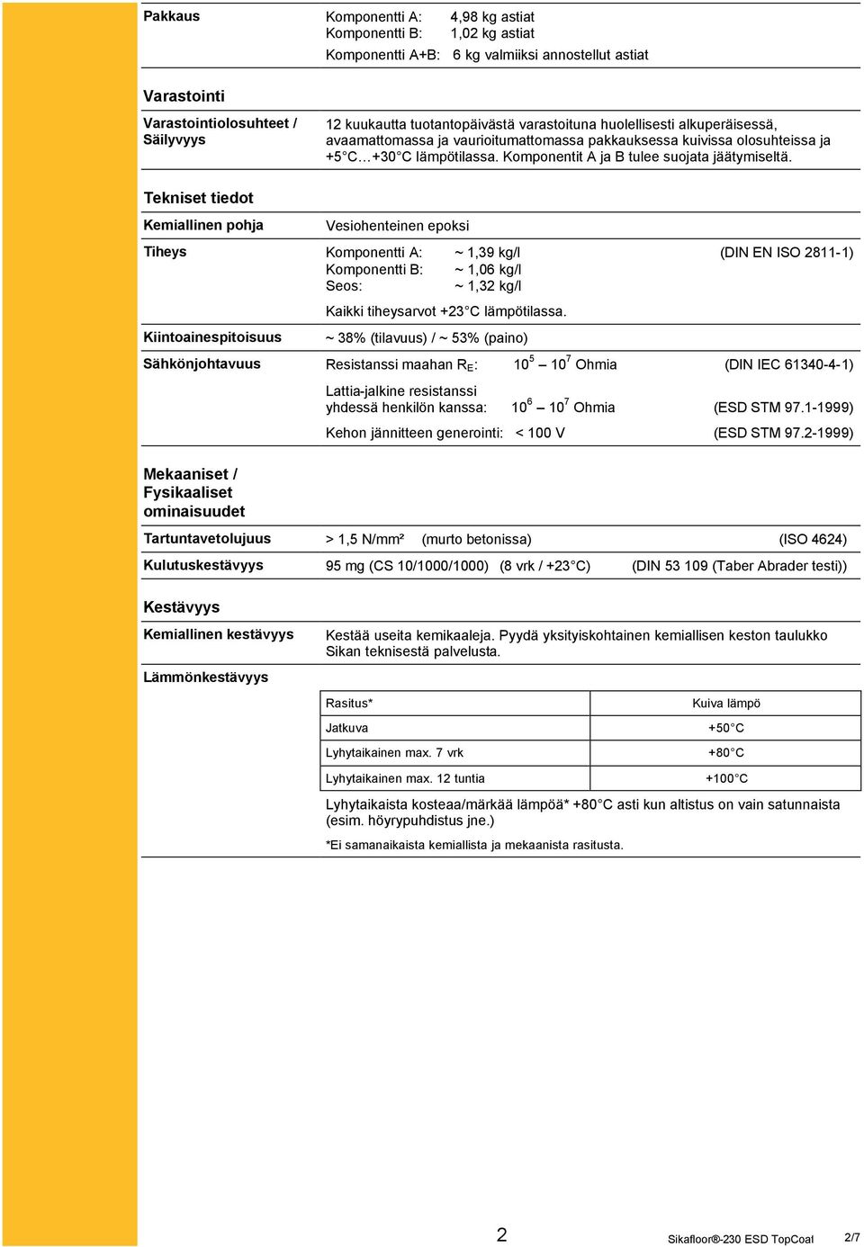 Tekniset tiedot Kemiallinen pohja Vesiohenteinen epoksi Tiheys Komponentti A: ~ 1,39 kg/l (DIN EN ISO 2811-1) Komponentti B: ~ 1,06 kg/l Seos: ~ 1,32 kg/l Kiintoainespitoisuus Kaikki tiheysarvot +23