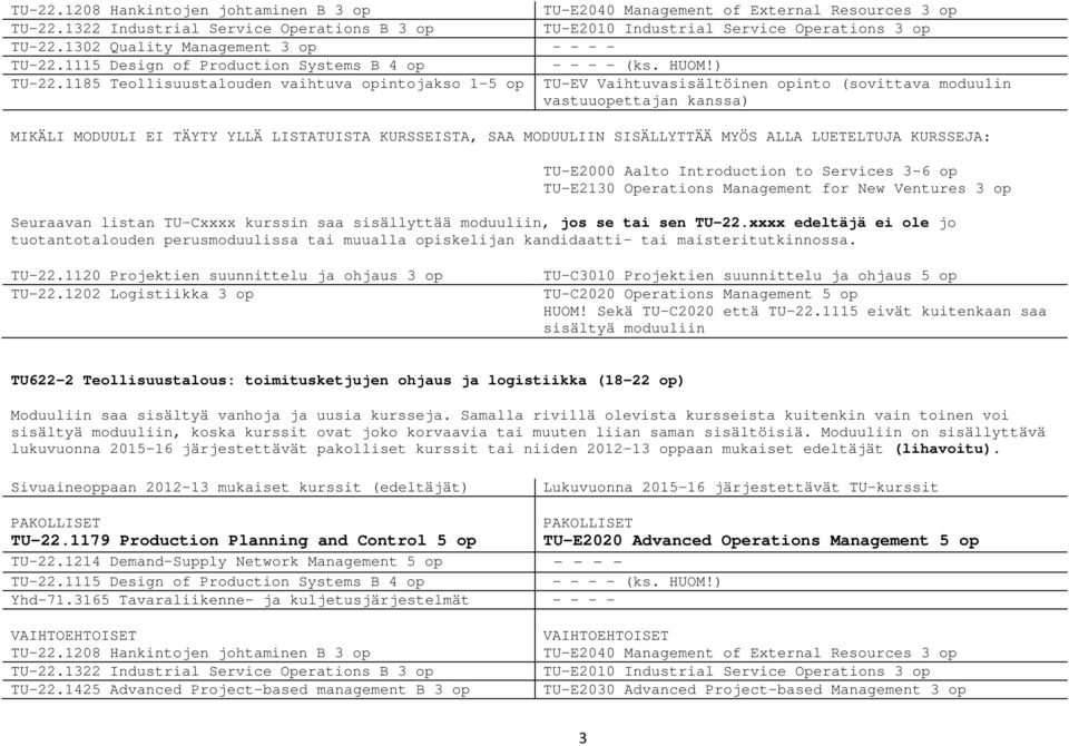 TU622-2 Teollisuustalous: toimitusketjujen ohjaus ja logistiikka (18-22 op), koska kurssit ovat joko korvaavia tai muuten liian saman sisältöisiä. Moduuliin on sisällyttävä TU-22.